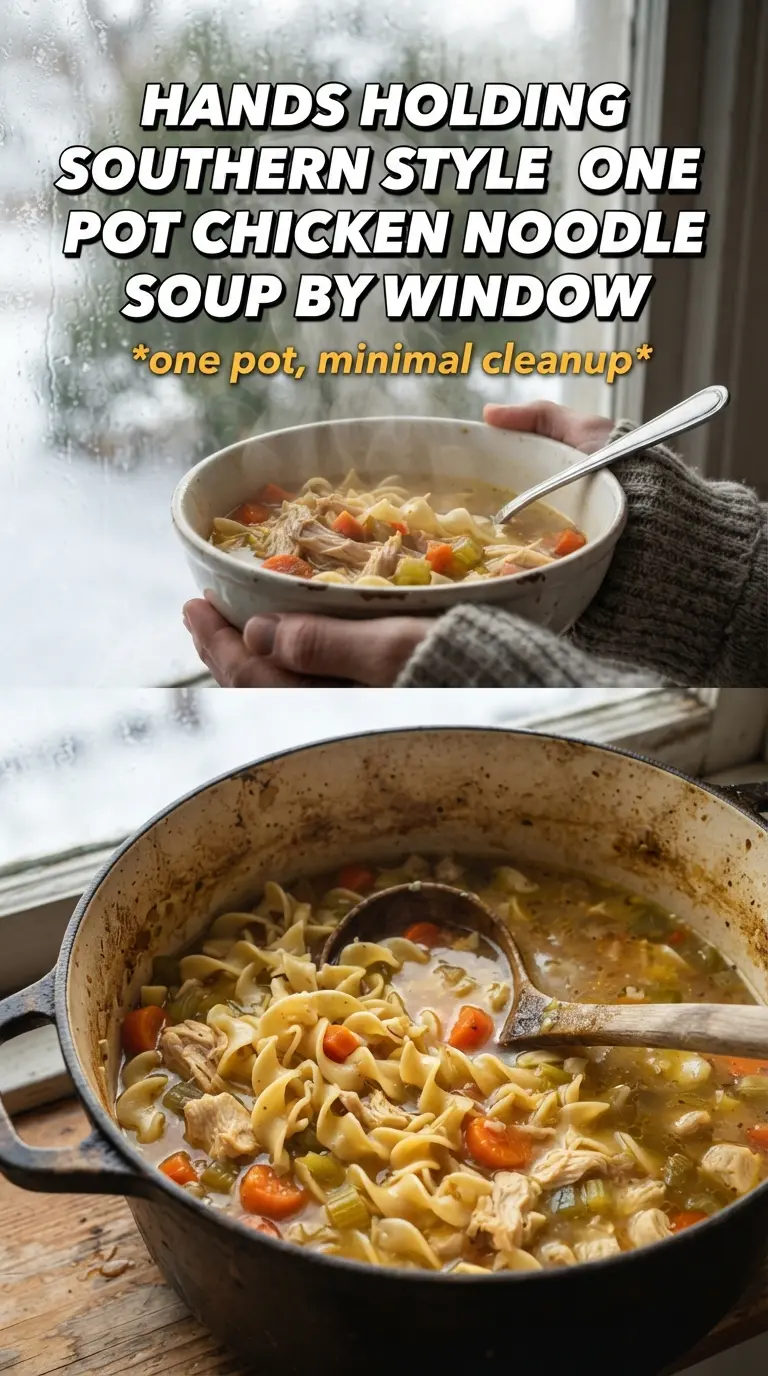 Southern Style One Pot Chicken Noodle Soup, golden broth, hearty noodles